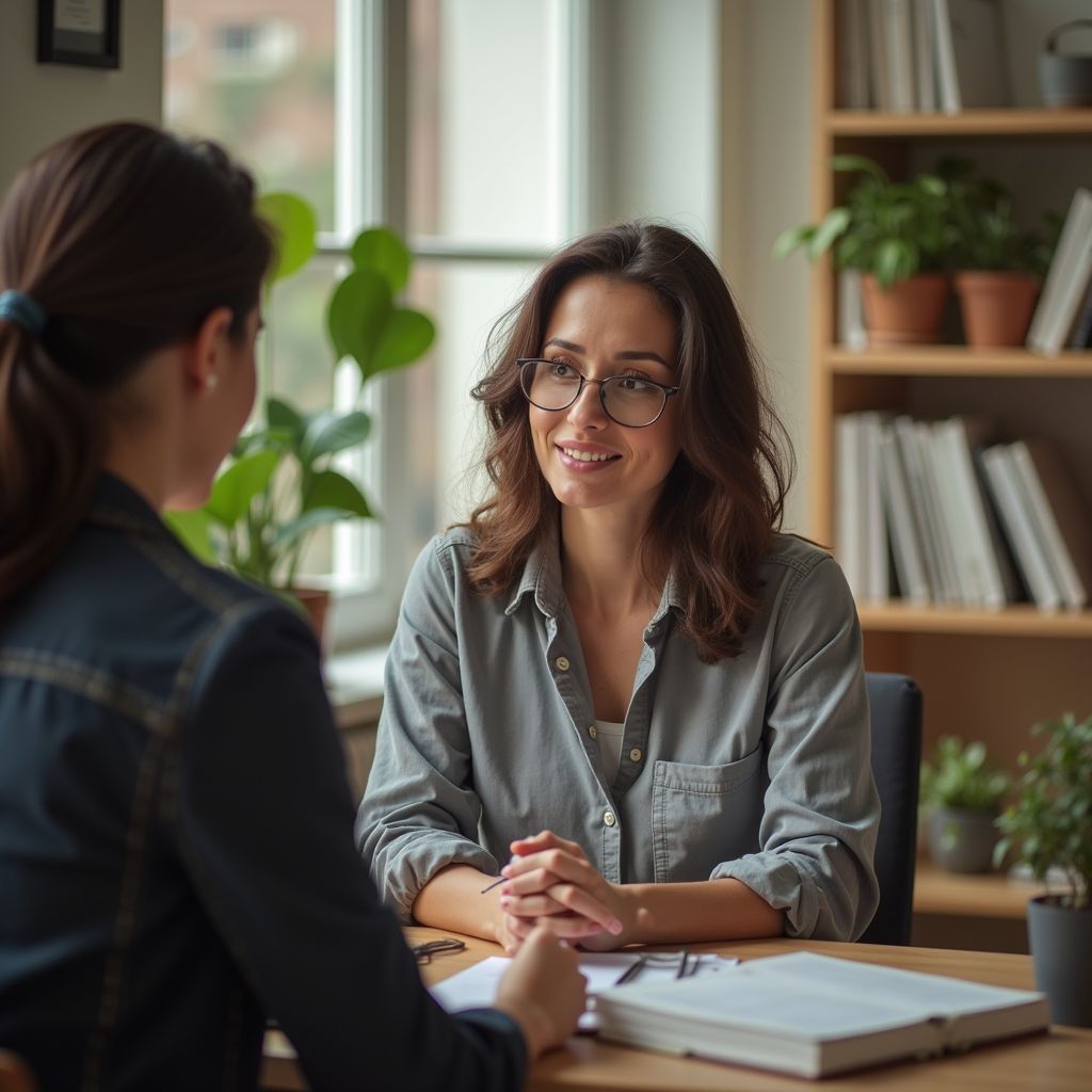 Sesión de terapia con una psicóloga atendiendo a dos adultos en un entorno profesional